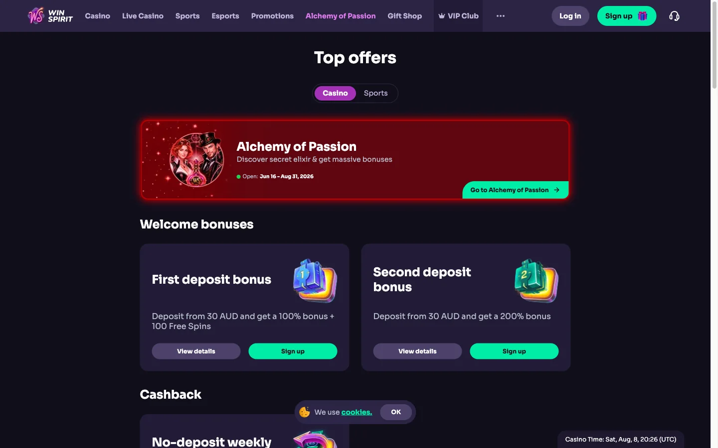 WinSpirit bonus page in the installed app where the 20 free spins are activated
