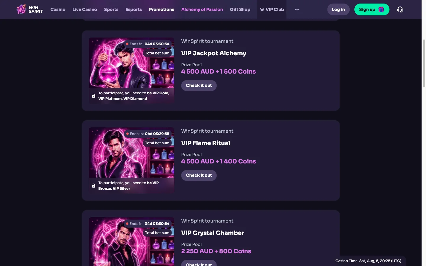 WinSpirit VIP Club tournaments for Australian players with AUD prize pools and tier requirements